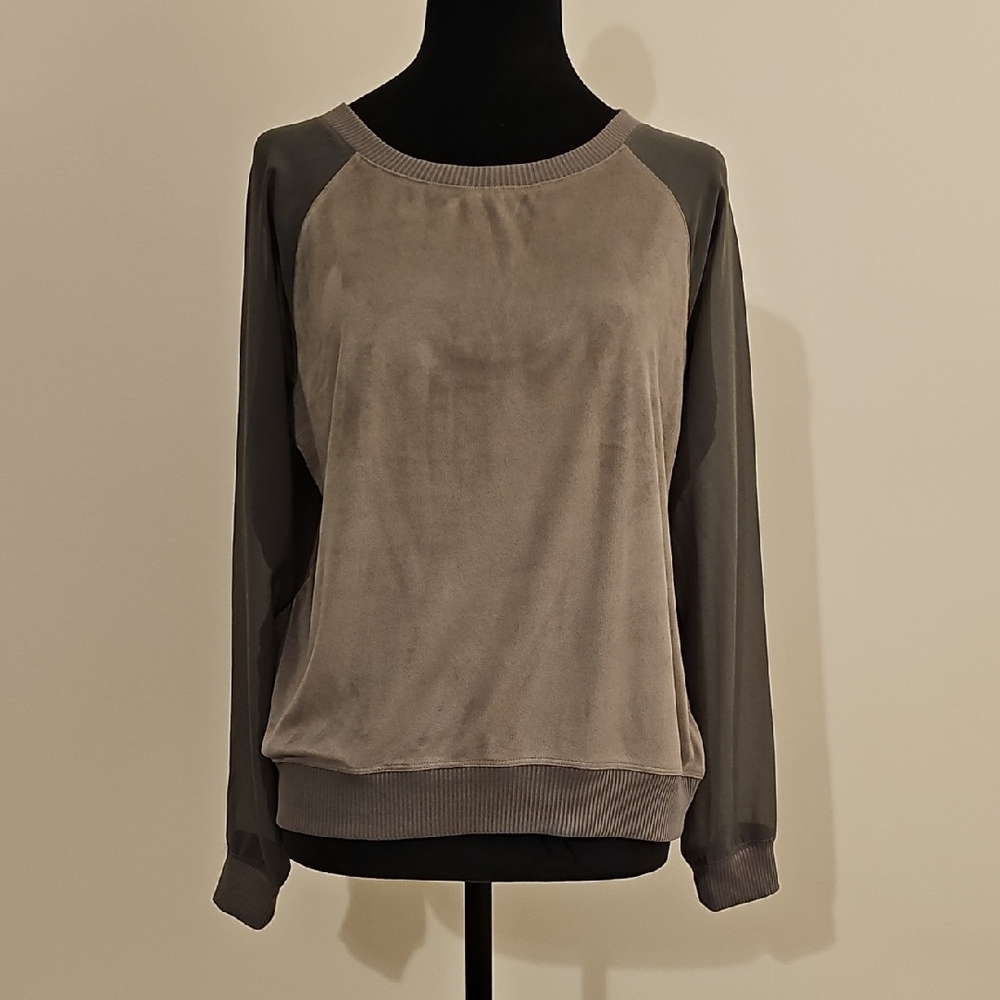 Neiman Marcus Dressy Grey Velour Raglan Top With Long Sheer Sleeves